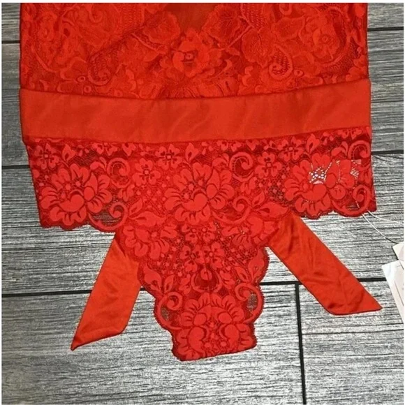 NWT $148 Free People Take HAH Bow Bodysuit Large Red Sheer Lace S L XL - Picture 9 of 11